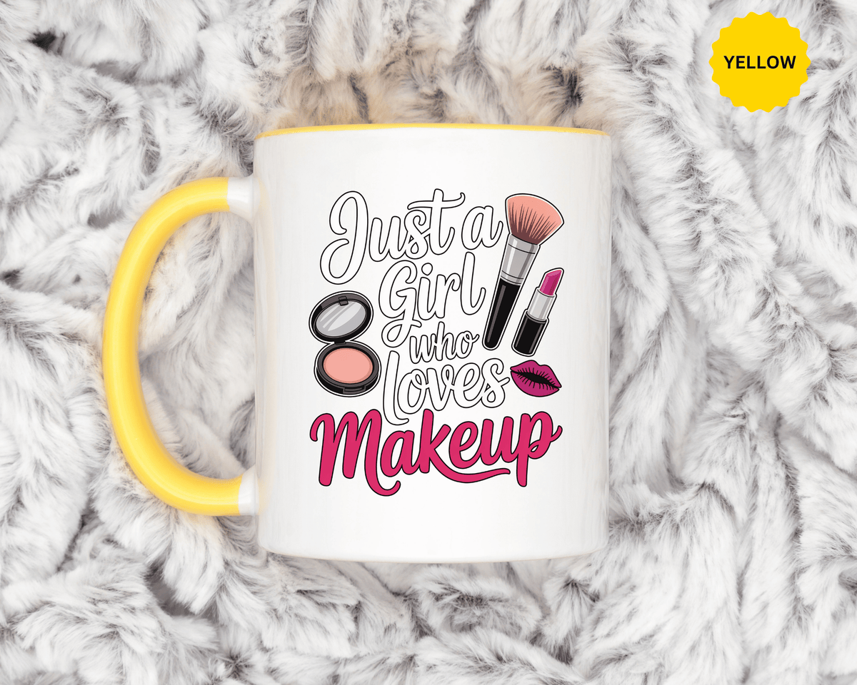 Makeup Lover Coffee Mug, Just a Girl Who Loves Makeup Quote, Lipstick and Brush Design, Birthday Gift for Beauty Enthusiast or Makeup Artist