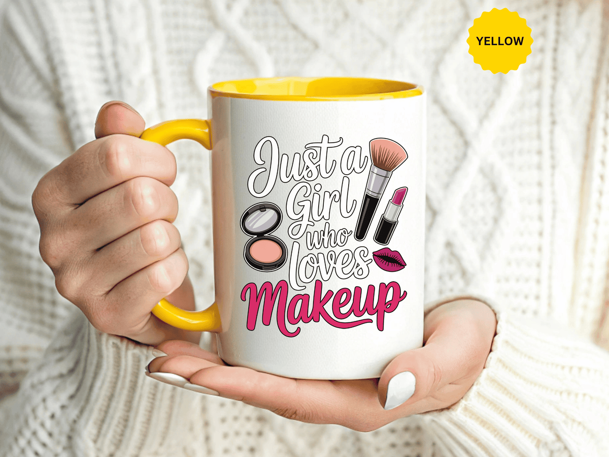 Makeup Lover Coffee Mug, Just a Girl Who Loves Makeup Quote, Lipstick and Brush Design, Birthday Gift for Beauty Enthusiast or Makeup Artist