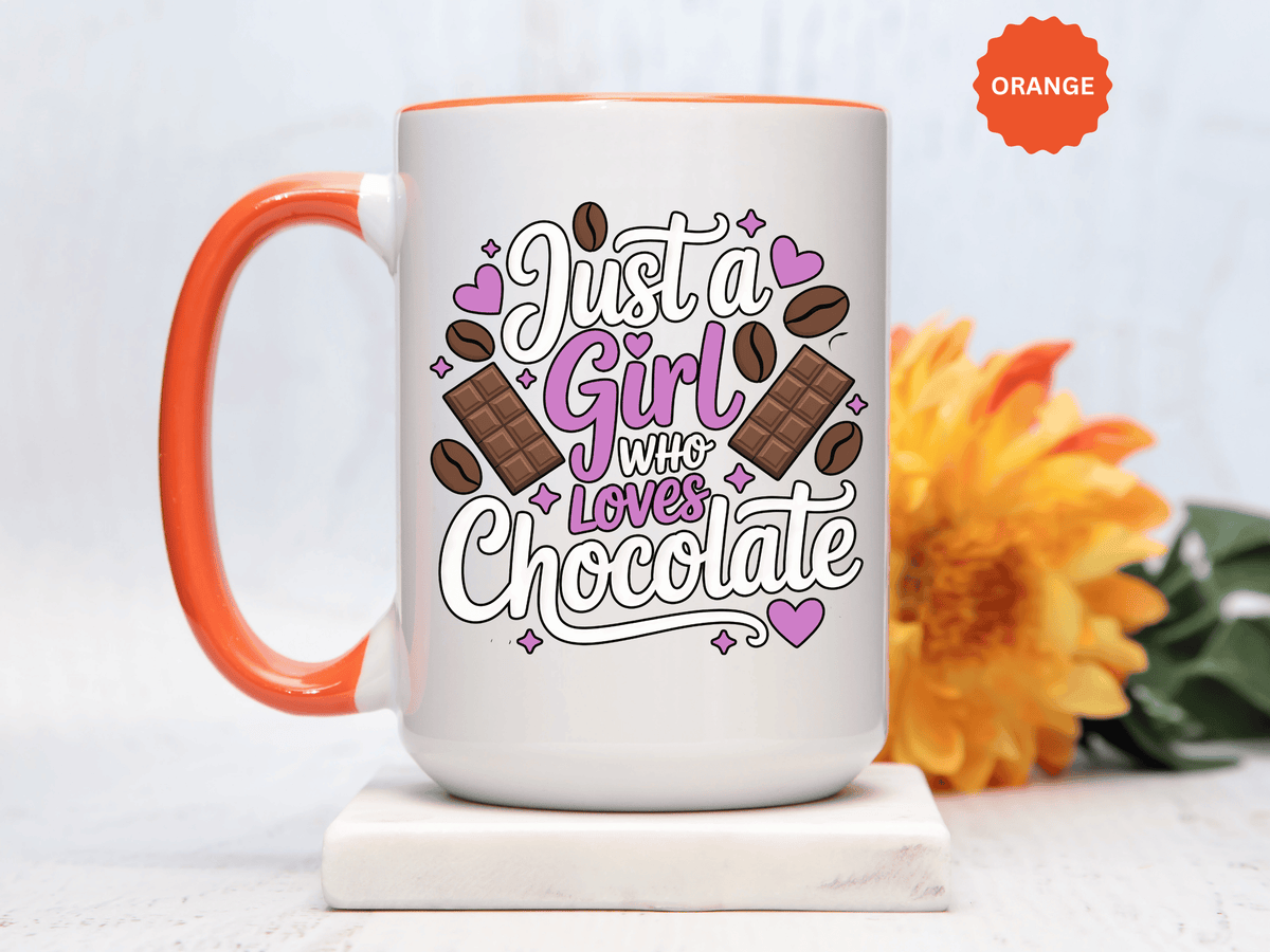 Chocolate Lover Coffee Mug, Just a Girl Who Loves Chocolate Quote, Purple Hearts and Cocoa Design, Sweet Birthday Gift for a Best Friend