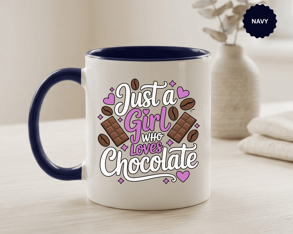 Chocolate Lover Coffee Mug, Just a Girl Who Loves Chocolate Quote, Purple Hearts and Cocoa Design, Sweet Birthday Gift for a Best Friend