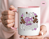 Chocolate Lover Coffee Mug, Just a Girl Who Loves Chocolate Quote, Purple Hearts and Cocoa Design, Sweet Birthday Gift for a Best Friend