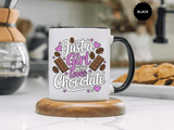 Chocolate Lover Coffee Mug, Just a Girl Who Loves Chocolate Quote, Purple Hearts and Cocoa Design, Sweet Birthday Gift for a Best Friend