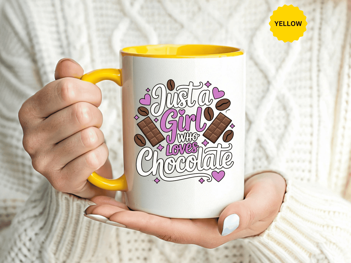 Chocolate Lover Coffee Mug, Just a Girl Who Loves Chocolate Quote, Purple Hearts and Cocoa Design, Sweet Birthday Gift for a Best Friend
