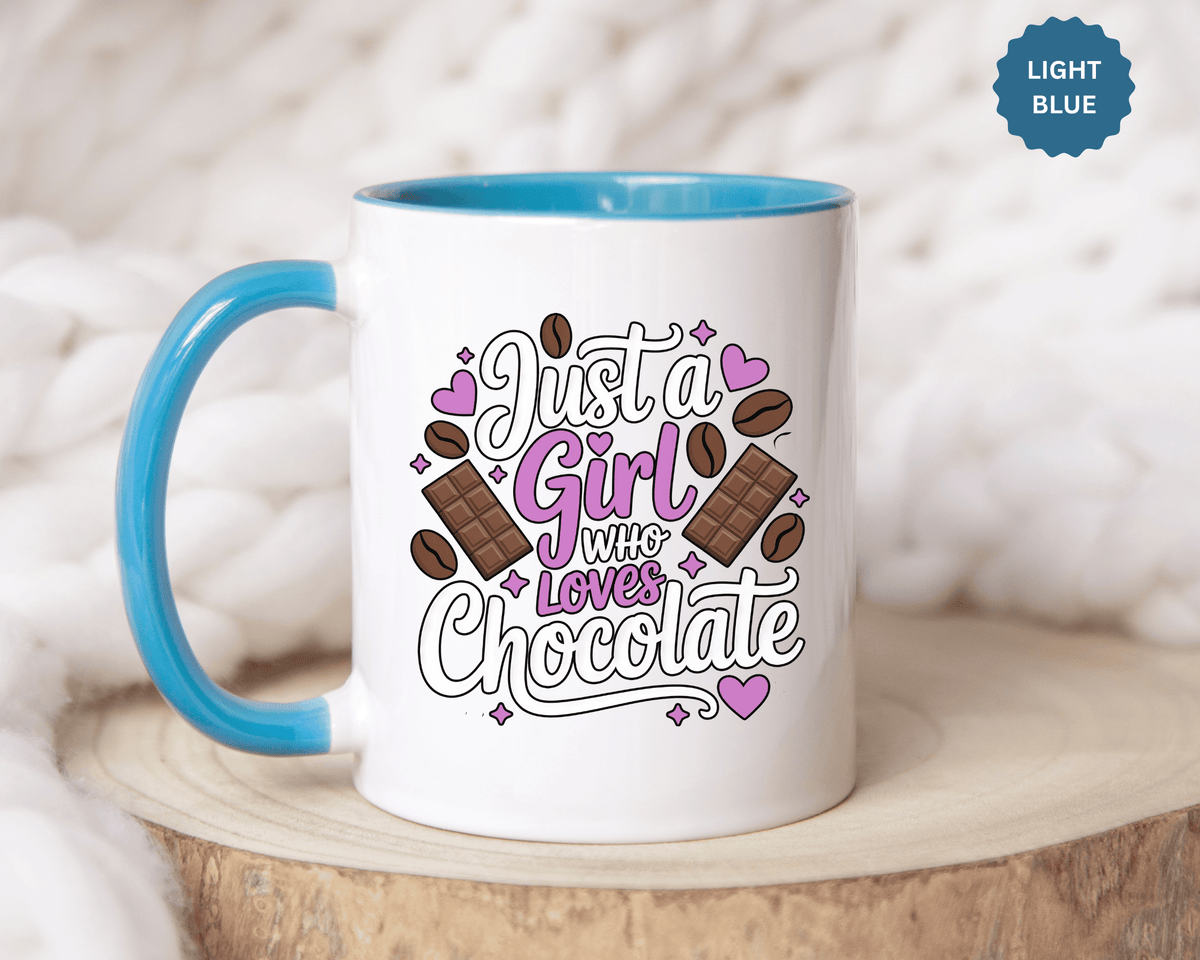 Chocolate Lover Coffee Mug, Just a Girl Who Loves Chocolate Quote, Purple Hearts and Cocoa Design, Sweet Birthday Gift for a Best Friend