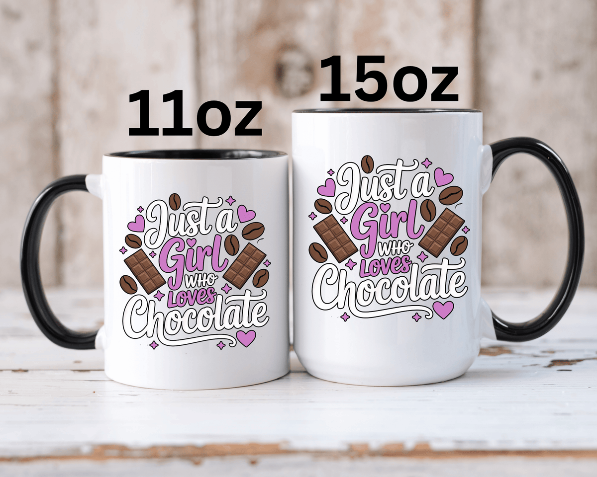 Chocolate Lover Coffee Mug, Just a Girl Who Loves Chocolate Quote, Purple Hearts and Cocoa Design, Sweet Birthday Gift for a Best Friend