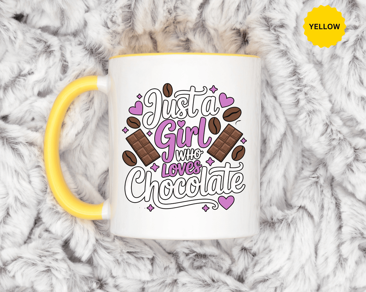 Chocolate Lover Coffee Mug, Just a Girl Who Loves Chocolate Quote, Purple Hearts and Cocoa Design, Sweet Birthday Gift for a Best Friend