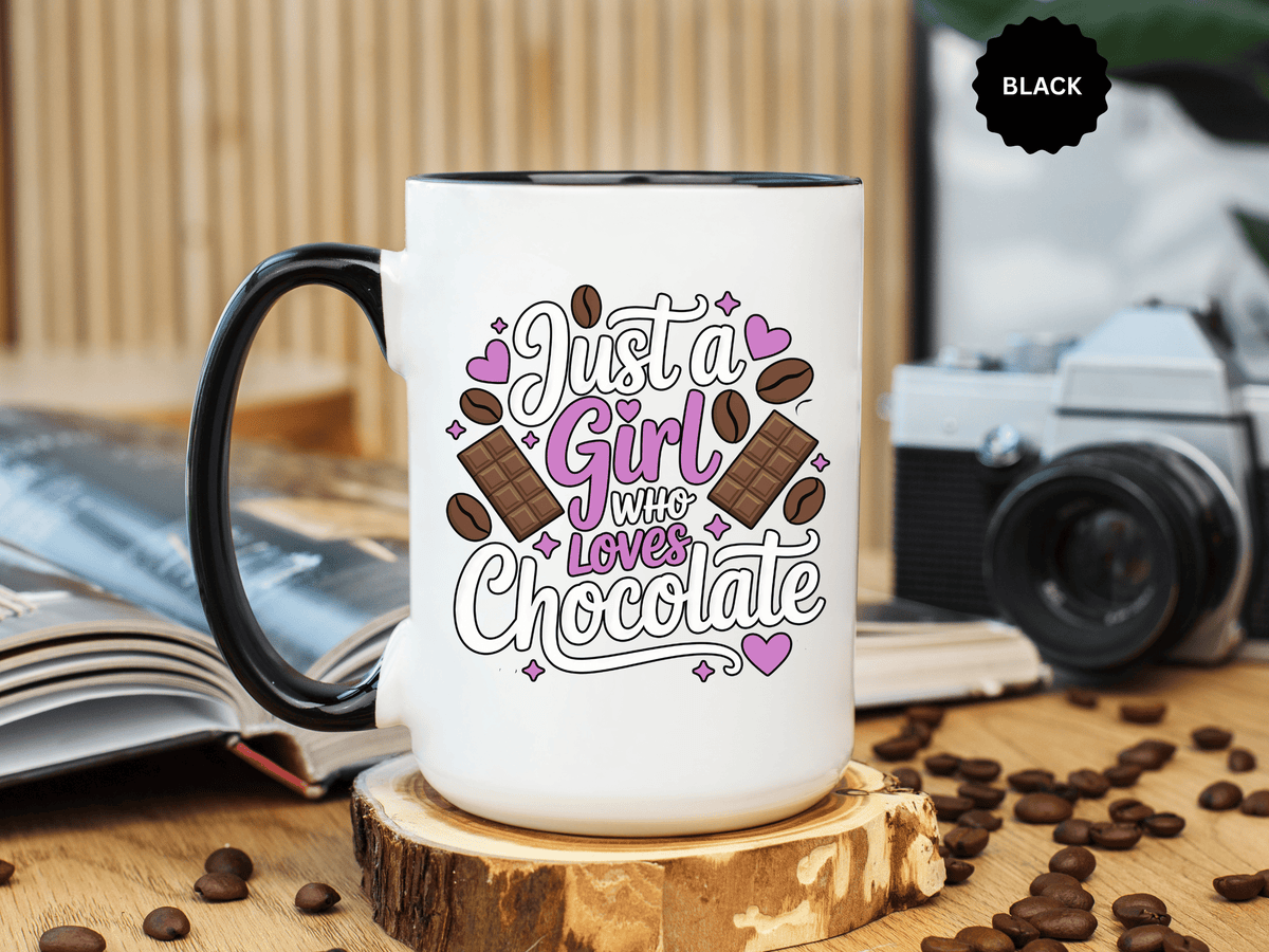 Chocolate Lover Coffee Mug, Just a Girl Who Loves Chocolate Quote, Purple Hearts and Cocoa Design, Sweet Birthday Gift for a Best Friend