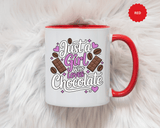 Chocolate Lover Coffee Mug, Just a Girl Who Loves Chocolate Quote, Purple Hearts and Cocoa Design, Sweet Birthday Gift for a Best Friend
