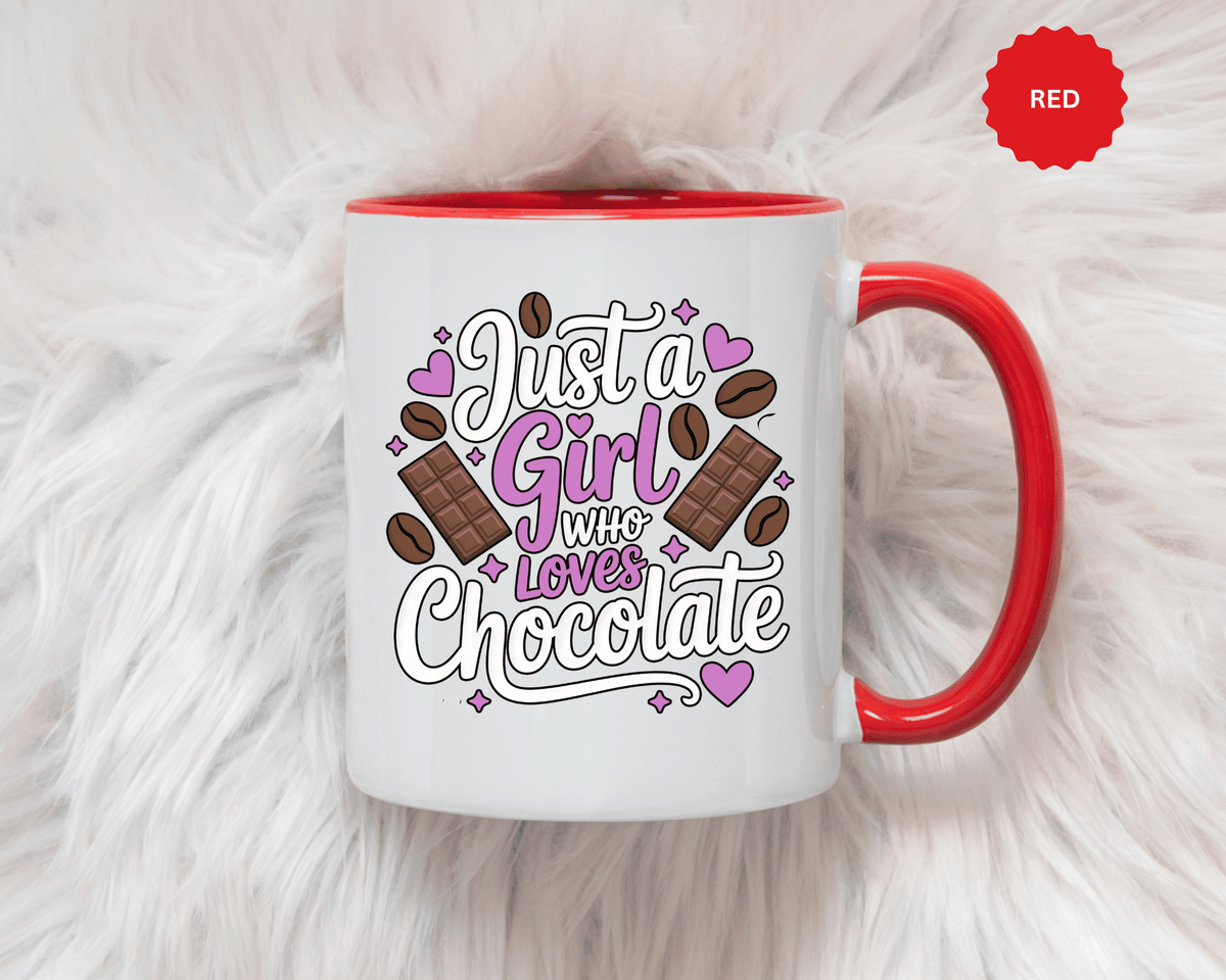 Chocolate Lover Coffee Mug, Just a Girl Who Loves Chocolate Quote, Purple Hearts and Cocoa Design, Sweet Birthday Gift for a Best Friend
