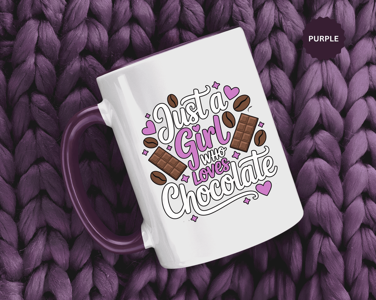 Chocolate Lover Coffee Mug, Just a Girl Who Loves Chocolate Quote, Purple Hearts and Cocoa Design, Sweet Birthday Gift for a Best Friend