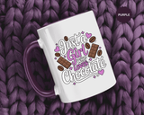 Chocolate Lover Coffee Mug, Just a Girl Who Loves Chocolate Quote, Purple Hearts and Cocoa Design, Sweet Birthday Gift for a Best Friend