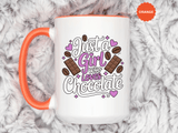 Chocolate Lover Coffee Mug, Just a Girl Who Loves Chocolate Quote, Purple Hearts and Cocoa Design, Sweet Birthday Gift for a Best Friend