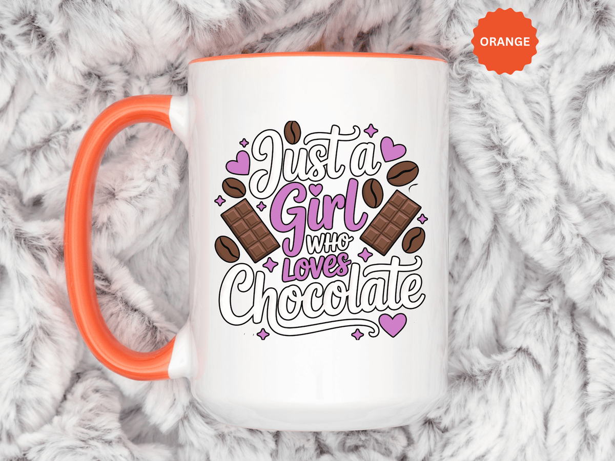 Chocolate Lover Coffee Mug, Just a Girl Who Loves Chocolate Quote, Purple Hearts and Cocoa Design, Sweet Birthday Gift for a Best Friend