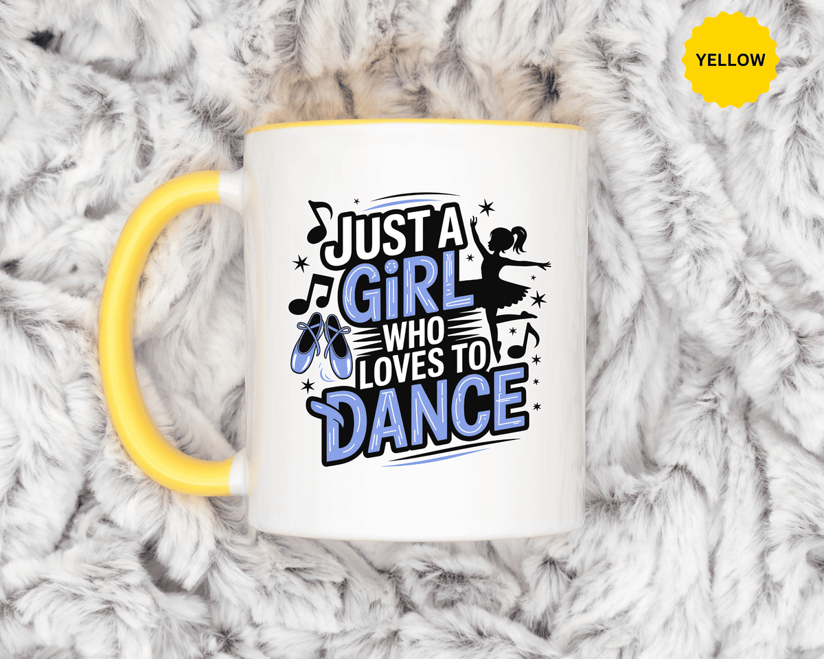 Dance Lover Coffee Mug, Just a Girl Who Loves to Dance Quote, Blue Ballet Shoes and Ballerina Design, Recital Gift for a Daughter or Teacher