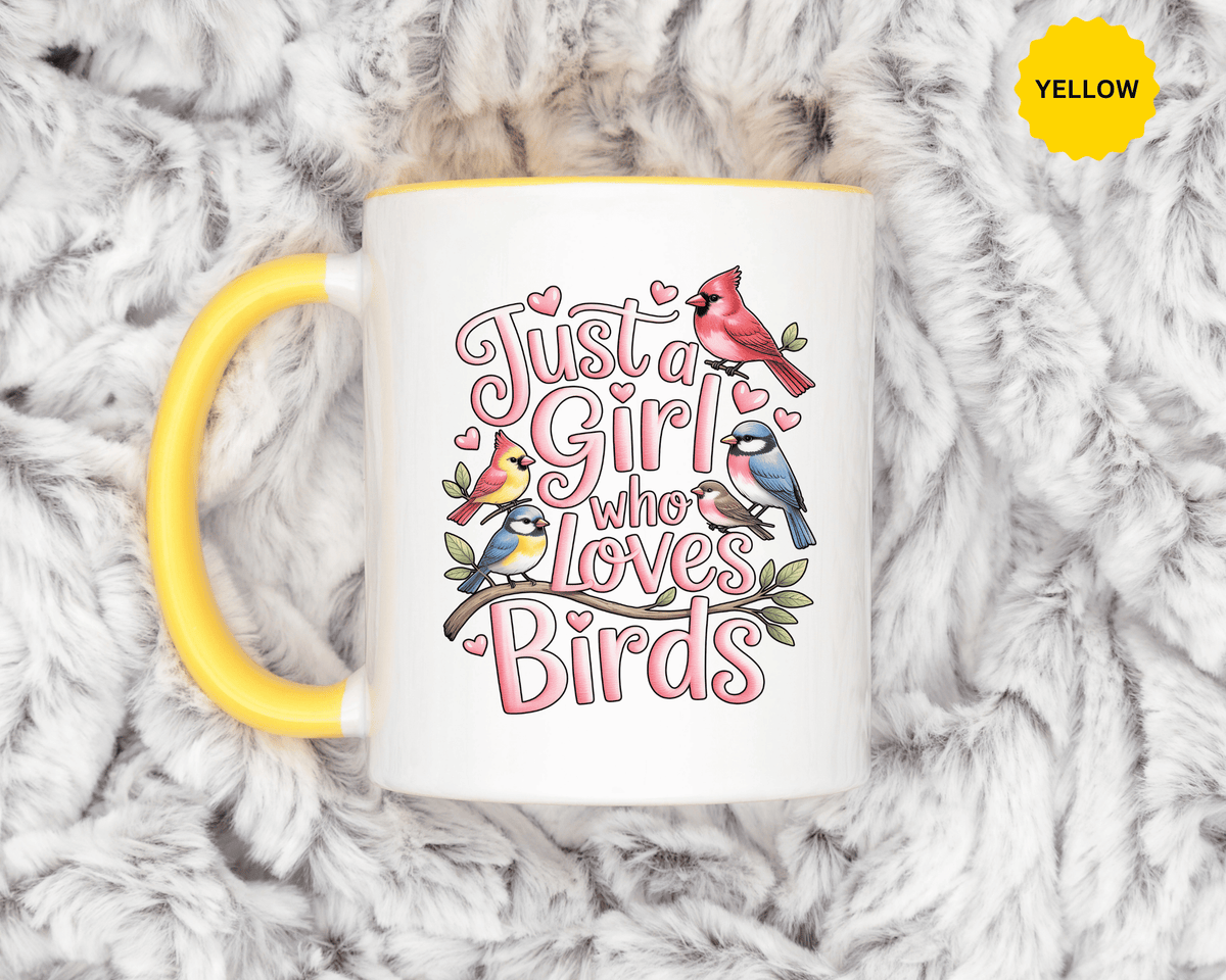 Bird Lover Coffee Mug, Just a Girl Who Loves Birds Quote, Pink Lettering and Garden Songbird Design, Birthday Gift for a Birdwatching Friend