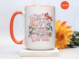 Bird Lover Coffee Mug, Just a Girl Who Loves Birds Quote, Pink Lettering and Garden Songbird Design, Birthday Gift for a Birdwatching Friend