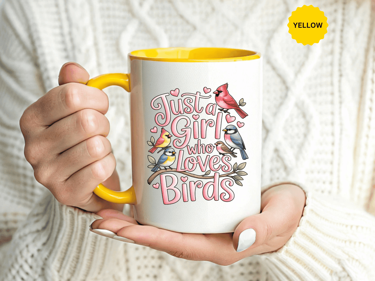 Bird Lover Coffee Mug, Just a Girl Who Loves Birds Quote, Pink Lettering and Garden Songbird Design, Birthday Gift for a Birdwatching Friend