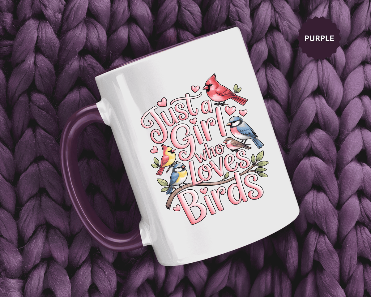 Bird Lover Coffee Mug, Just a Girl Who Loves Birds Quote, Pink Lettering and Garden Songbird Design, Birthday Gift for a Birdwatching Friend