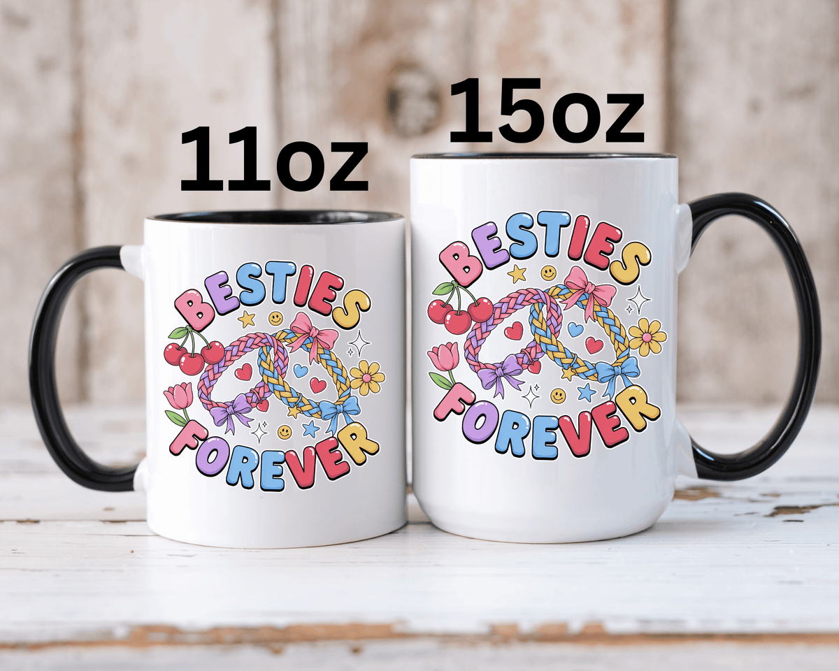 Best Friends Coffee Mug, Besties Forever Friendship Bracelet Design, Colorful Birthday Gift for a Best Friend or Long Distance Coffee Buddy