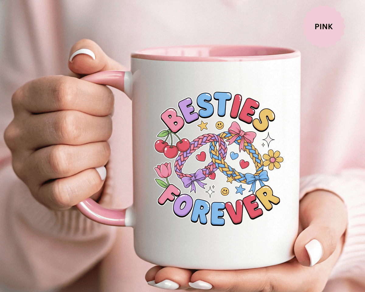 Best Friends Coffee Mug, Besties Forever Friendship Bracelet Design, Colorful Birthday Gift for a Best Friend or Long Distance Coffee Buddy