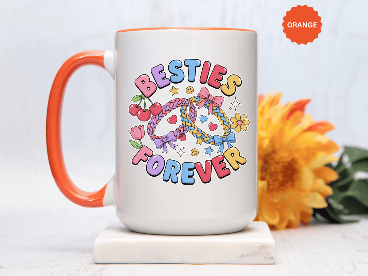 Best Friends Coffee Mug, Besties Forever Friendship Bracelet Design, Colorful Birthday Gift for a Best Friend or Long Distance Coffee Buddy