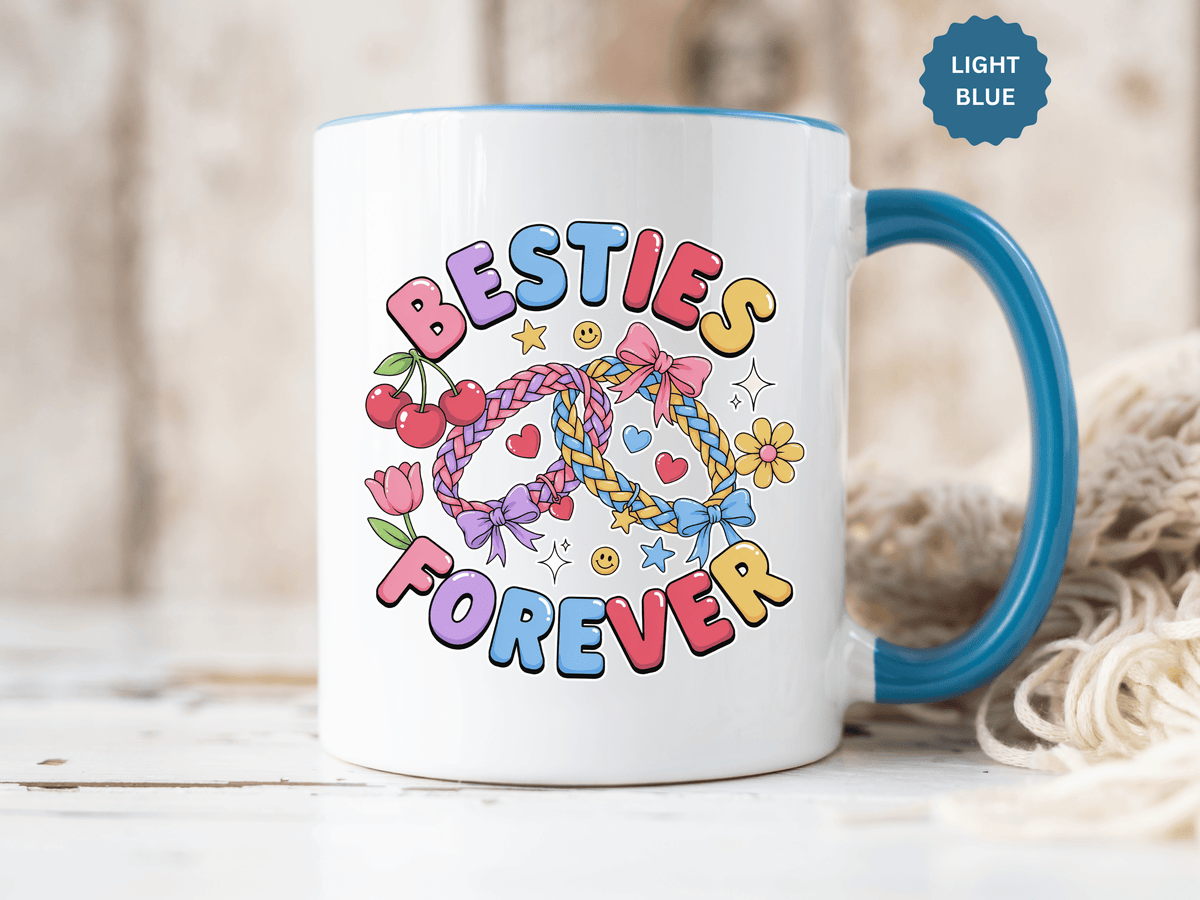 Best Friends Coffee Mug, Besties Forever Friendship Bracelet Design, Colorful Birthday Gift for a Best Friend or Long Distance Coffee Buddy