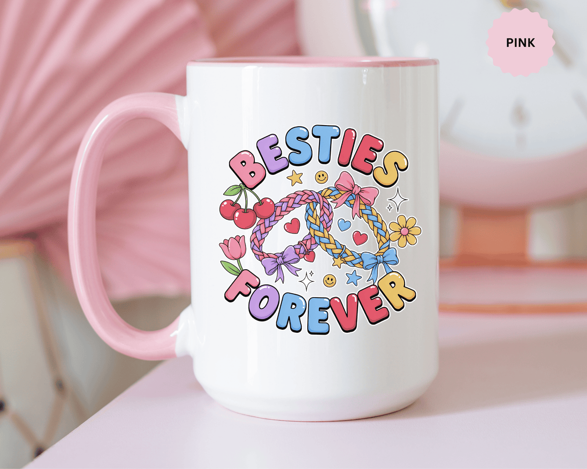 Best Friends Coffee Mug, Besties Forever Friendship Bracelet Design, Colorful Birthday Gift for a Best Friend or Long Distance Coffee Buddy