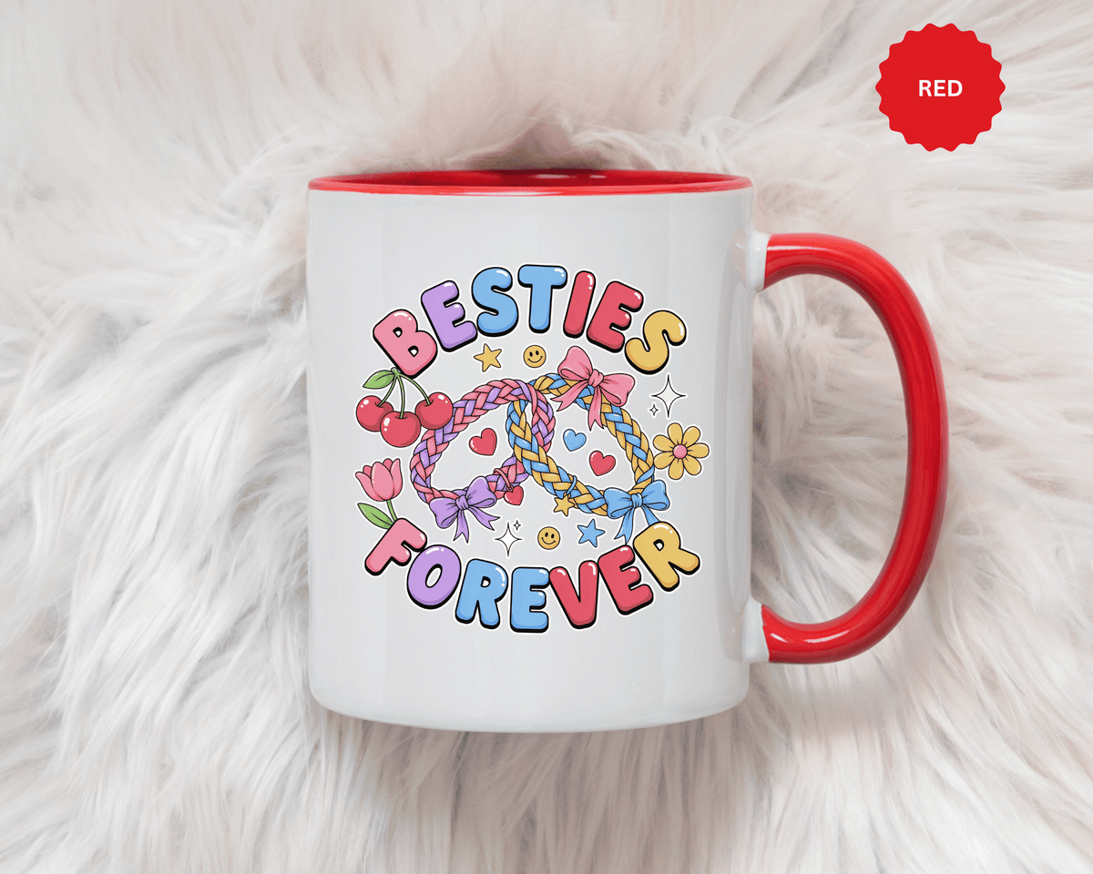 Best Friends Coffee Mug, Besties Forever Friendship Bracelet Design, Colorful Birthday Gift for a Best Friend or Long Distance Coffee Buddy