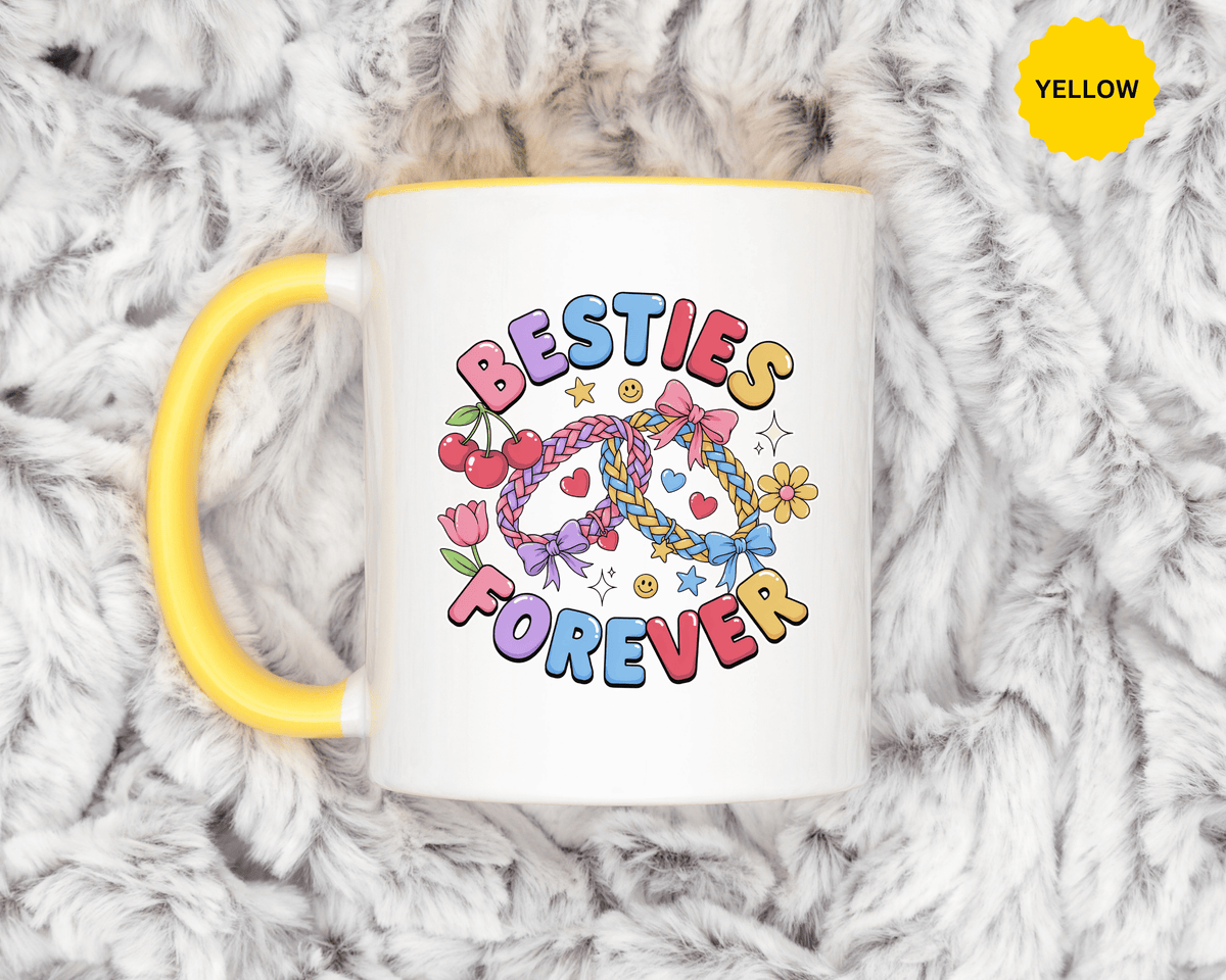 Best Friends Coffee Mug, Besties Forever Friendship Bracelet Design, Colorful Birthday Gift for a Best Friend or Long Distance Coffee Buddy