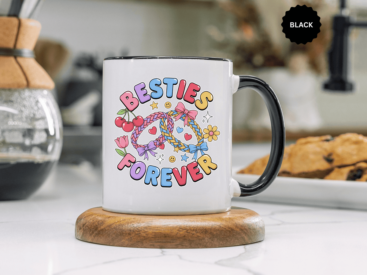 Best Friends Coffee Mug, Besties Forever Friendship Bracelet Design, Colorful Birthday Gift for a Best Friend or Long Distance Coffee Buddy