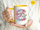 Best Friends Coffee Mug, Besties Forever Friendship Bracelet Design, Colorful Birthday Gift for a Best Friend or Long Distance Coffee Buddy