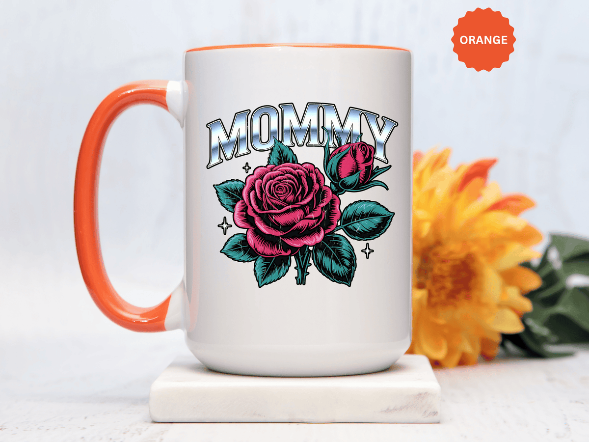 Mommy Coffee Mug, Pink Rose and Teal Leaf Design with Silver Look Lettering, Mother's Day Gift for Mom or a Floral Birthday Present for Her