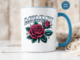 Mommy Coffee Mug, Pink Rose and Teal Leaf Design with Silver Look Lettering, Mother's Day Gift for Mom or a Floral Birthday Present for Her