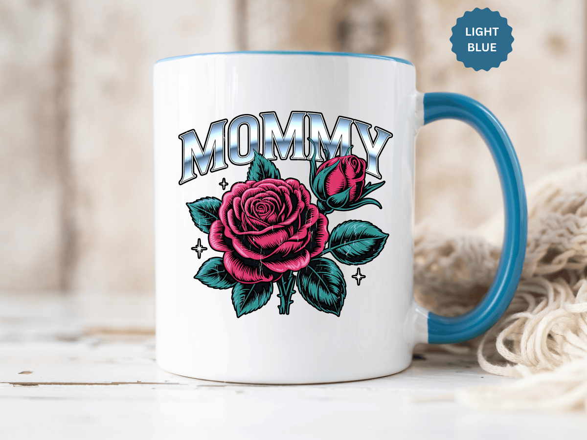 Mommy Coffee Mug, Pink Rose and Teal Leaf Design with Silver Look Lettering, Mother's Day Gift for Mom or a Floral Birthday Present for Her