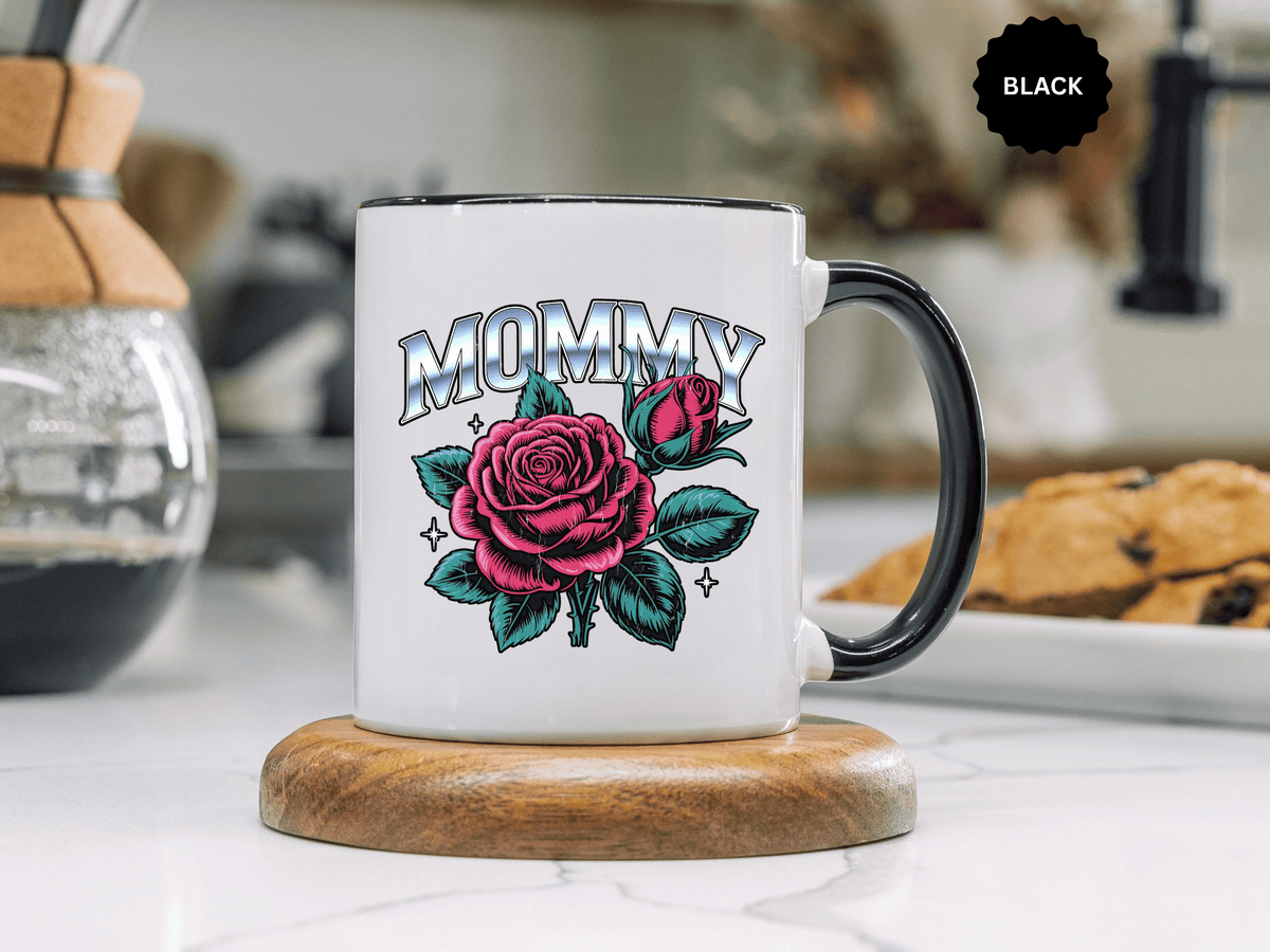 Mommy Coffee Mug, Pink Rose and Teal Leaf Design with Silver Look Lettering, Mother's Day Gift for Mom or a Floral Birthday Present for Her