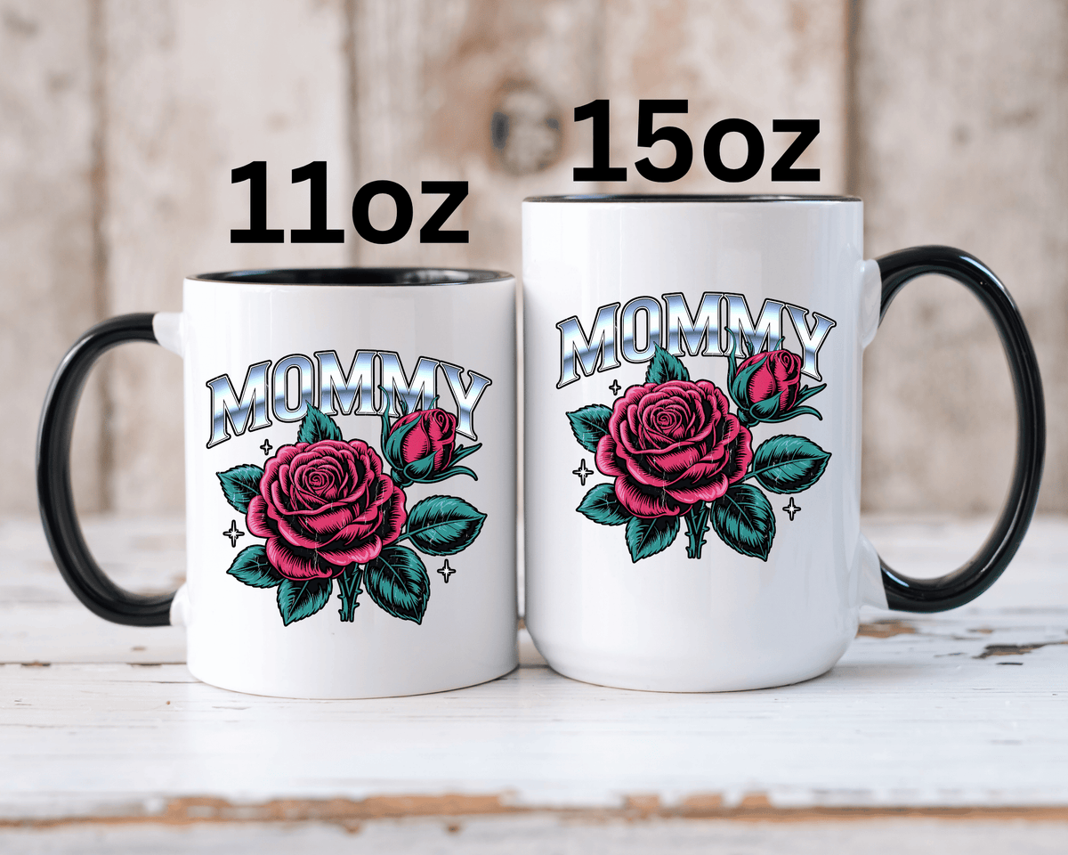 Mommy Coffee Mug, Pink Rose and Teal Leaf Design with Silver Look Lettering, Mother's Day Gift for Mom or a Floral Birthday Present for Her