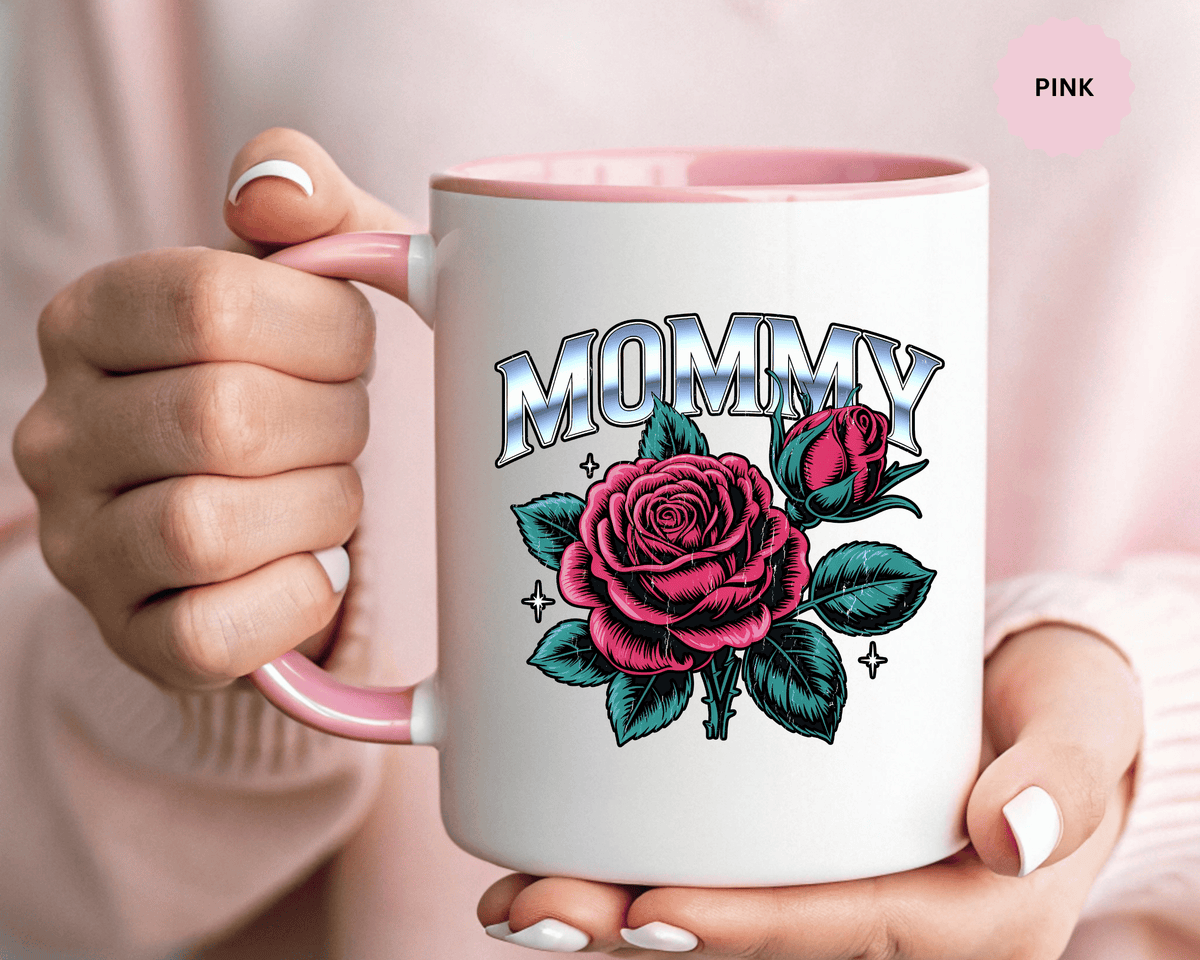 Mommy Coffee Mug, Pink Rose and Teal Leaf Design with Silver Look Lettering, Mother's Day Gift for Mom or a Floral Birthday Present for Her