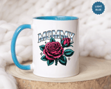 Mommy Coffee Mug, Pink Rose and Teal Leaf Design with Silver Look Lettering, Mother's Day Gift for Mom or a Floral Birthday Present for Her