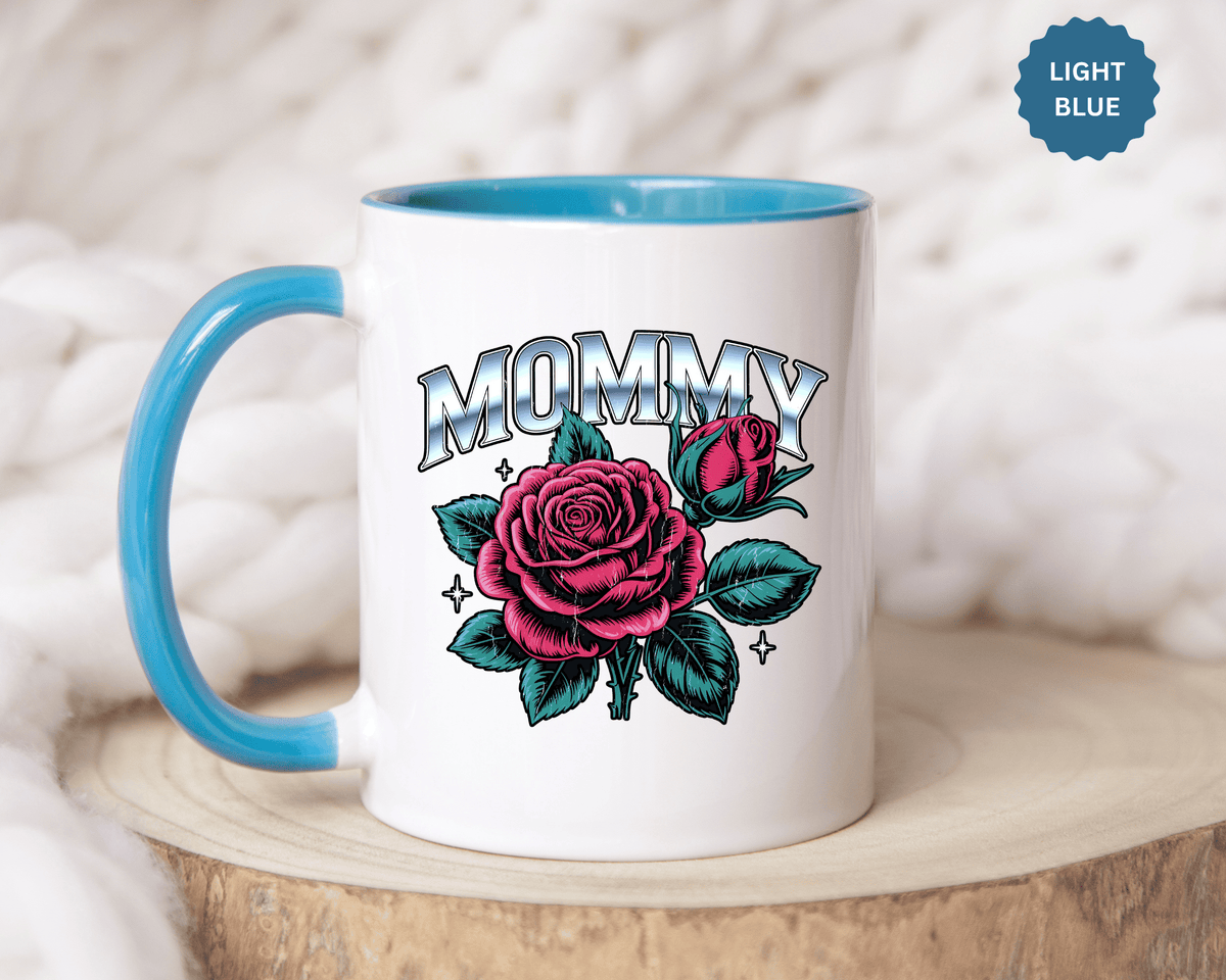 Mommy Coffee Mug, Pink Rose and Teal Leaf Design with Silver Look Lettering, Mother's Day Gift for Mom or a Floral Birthday Present for Her