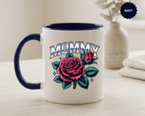 Mommy Coffee Mug, Pink Rose and Teal Leaf Design with Silver Look Lettering, Mother's Day Gift for Mom or a Floral Birthday Present for Her