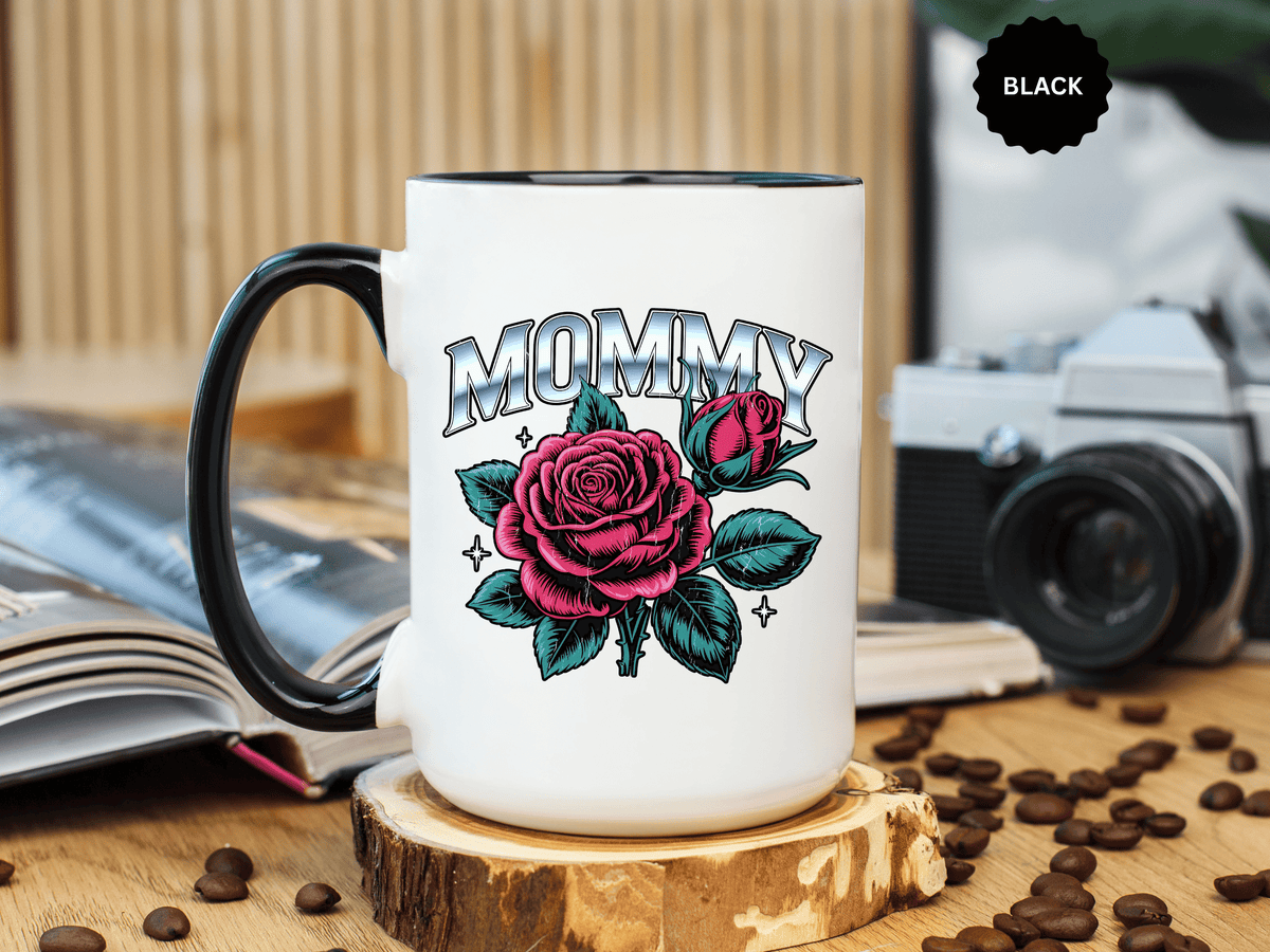 Mommy Coffee Mug, Pink Rose and Teal Leaf Design with Silver Look Lettering, Mother's Day Gift for Mom or a Floral Birthday Present for Her