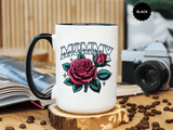 Mommy Coffee Mug, Pink Rose and Teal Leaf Design with Silver Look Lettering, Mother's Day Gift for Mom or a Floral Birthday Present for Her