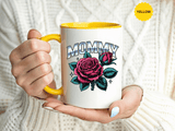Mommy Coffee Mug, Pink Rose and Teal Leaf Design with Silver Look Lettering, Mother's Day Gift for Mom or a Floral Birthday Present for Her