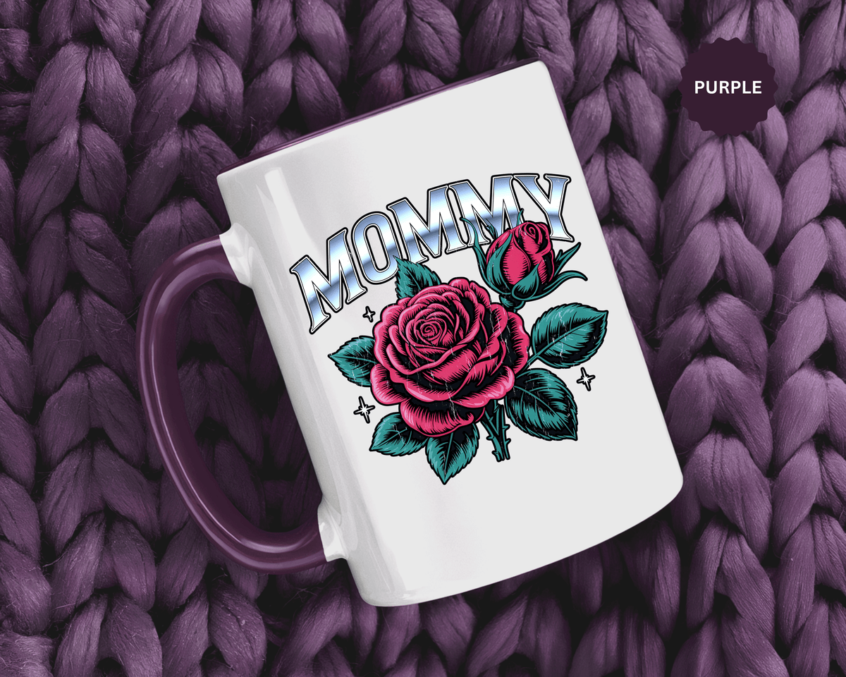 Mommy Coffee Mug, Pink Rose and Teal Leaf Design with Silver Look Lettering, Mother's Day Gift for Mom or a Floral Birthday Present for Her