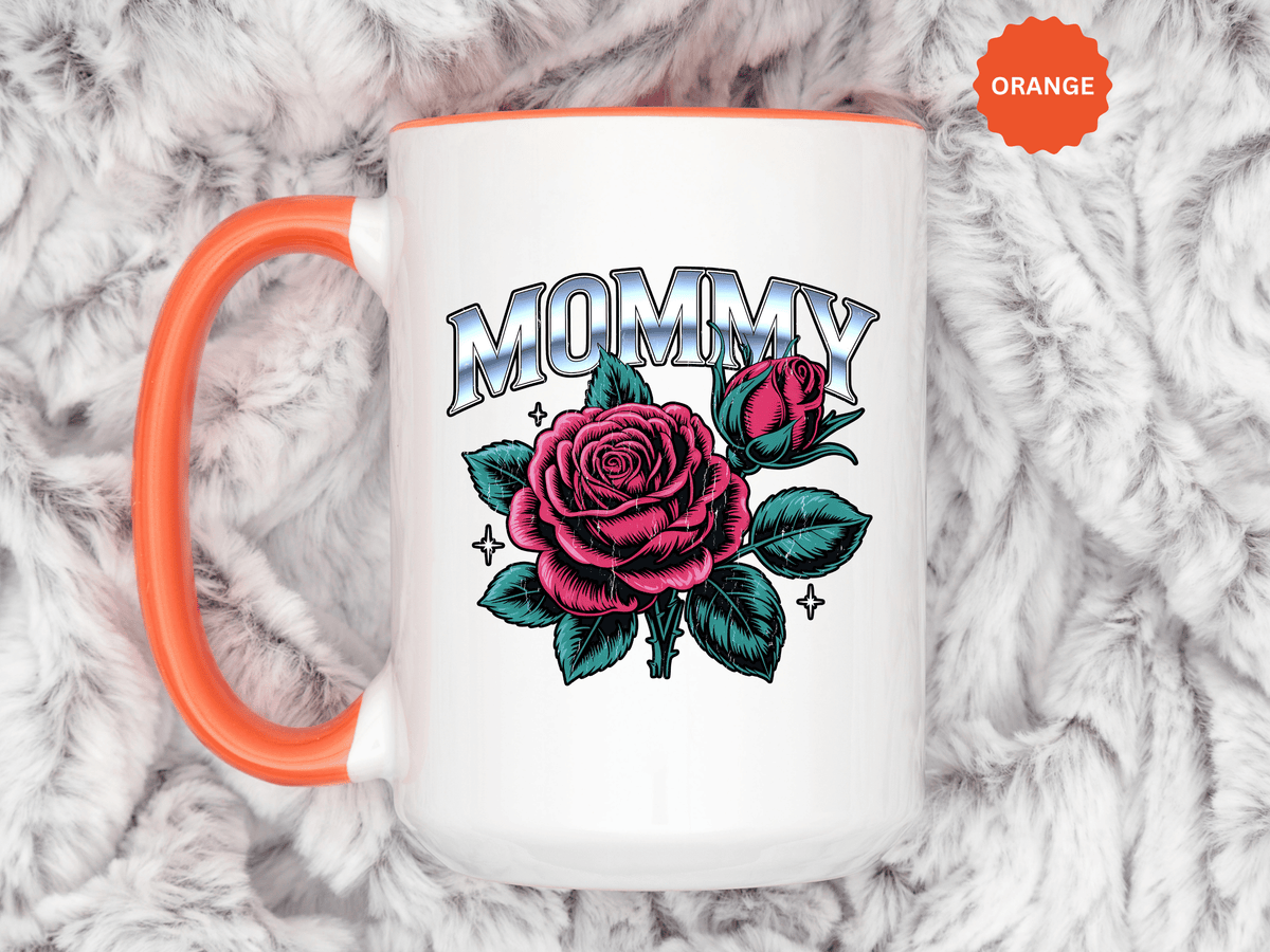 Mommy Coffee Mug, Pink Rose and Teal Leaf Design with Silver Look Lettering, Mother's Day Gift for Mom or a Floral Birthday Present for Her