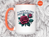 Mommy Coffee Mug, Pink Rose and Teal Leaf Design with Silver Look Lettering, Mother's Day Gift for Mom or a Floral Birthday Present for Her