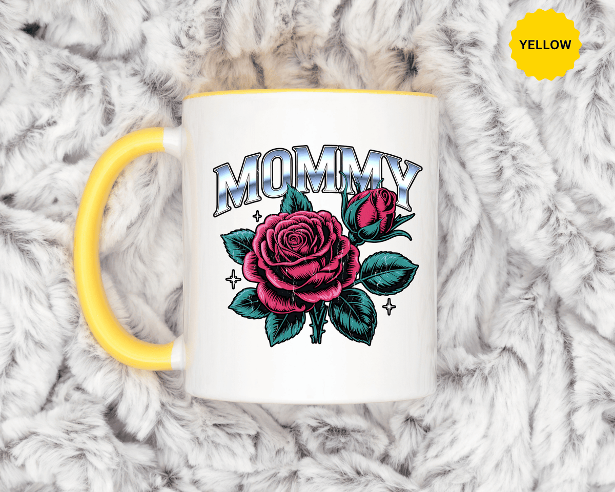 Mommy Coffee Mug, Pink Rose and Teal Leaf Design with Silver Look Lettering, Mother's Day Gift for Mom or a Floral Birthday Present for Her
