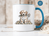 Cute Puppy Coffee Mug, Fluffy Dog Holding Daisies on a Gingham Blanket, Birthday Gift for a Dog Mom or Animal Lover Who Enjoys Cottage Style