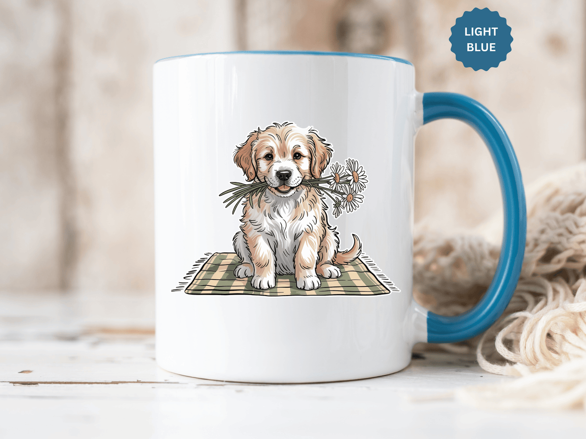 Cute Puppy Coffee Mug, Fluffy Dog Holding Daisies on a Gingham Blanket, Birthday Gift for a Dog Mom or Animal Lover Who Enjoys Cottage Style