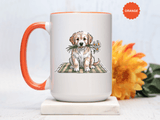 Cute Puppy Coffee Mug, Fluffy Dog Holding Daisies on a Gingham Blanket, Birthday Gift for a Dog Mom or Animal Lover Who Enjoys Cottage Style